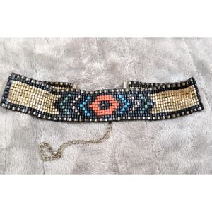 Boho Loomed Seed Bead Choker Necklace Geometric Southwestern Design Gold & Black